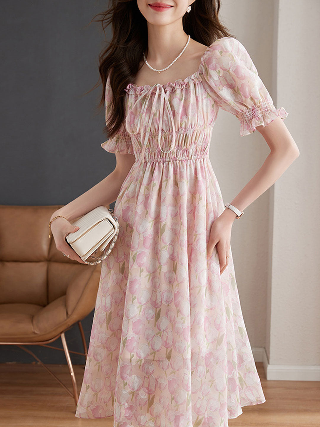 Kayla Classic Jacquard Puff Sleeve Chiffon Dress-Pink