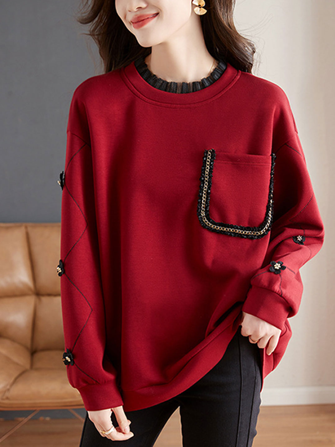 Olivia Casual Auricular Embroidered Sweatshirt