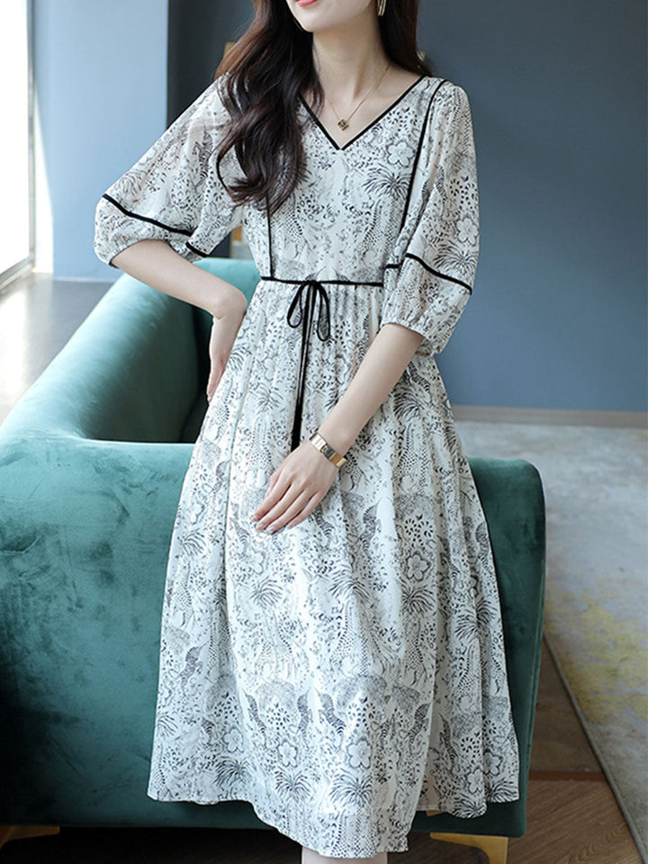 Maya Casual V-neck Printed Tie Chiffon Dress