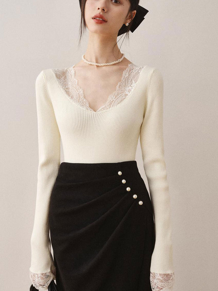 Brianna V-Neck Lace Knitted Sweater