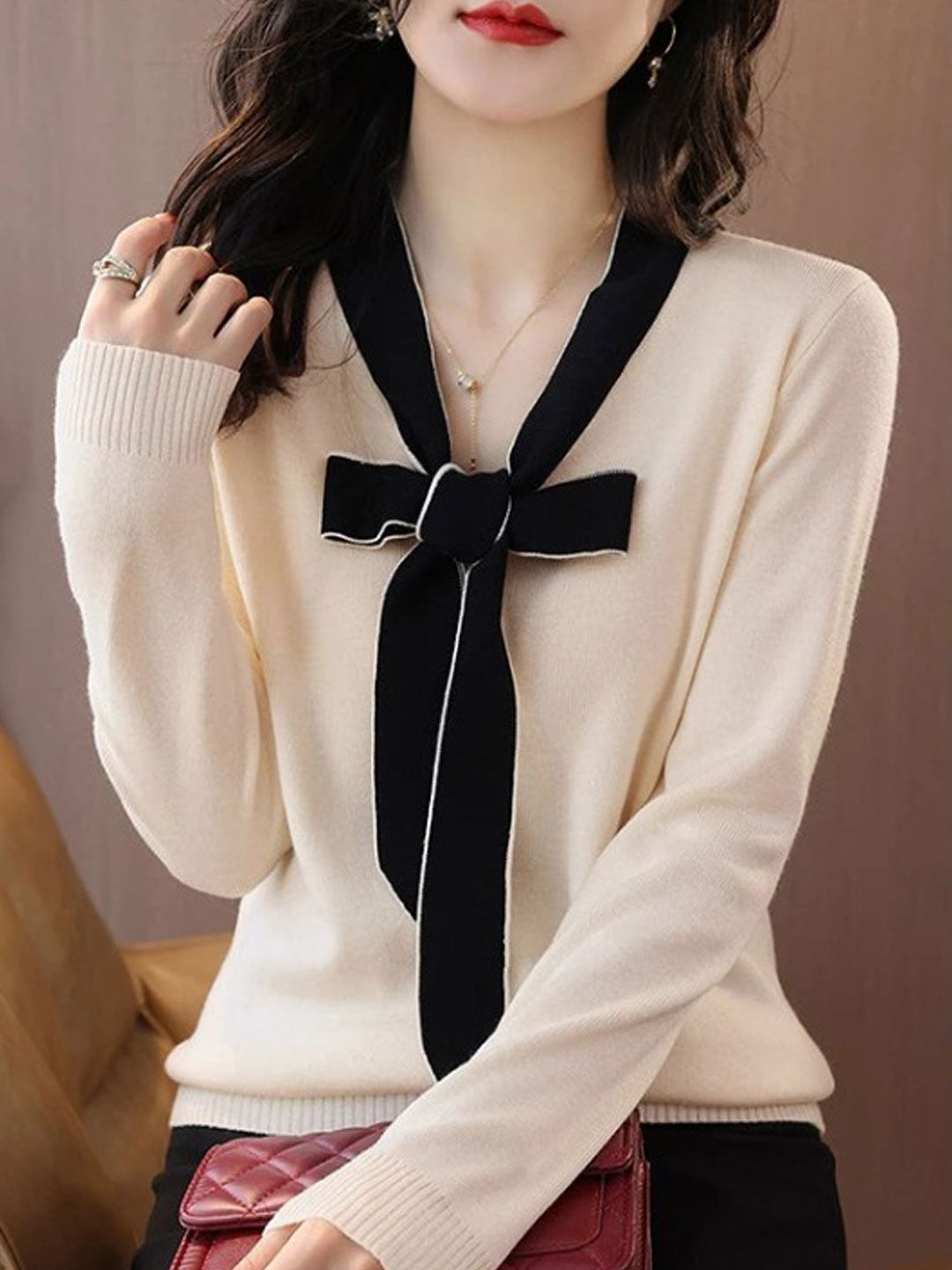 Jessica Casual Color Block Bow Tie Knitted Top