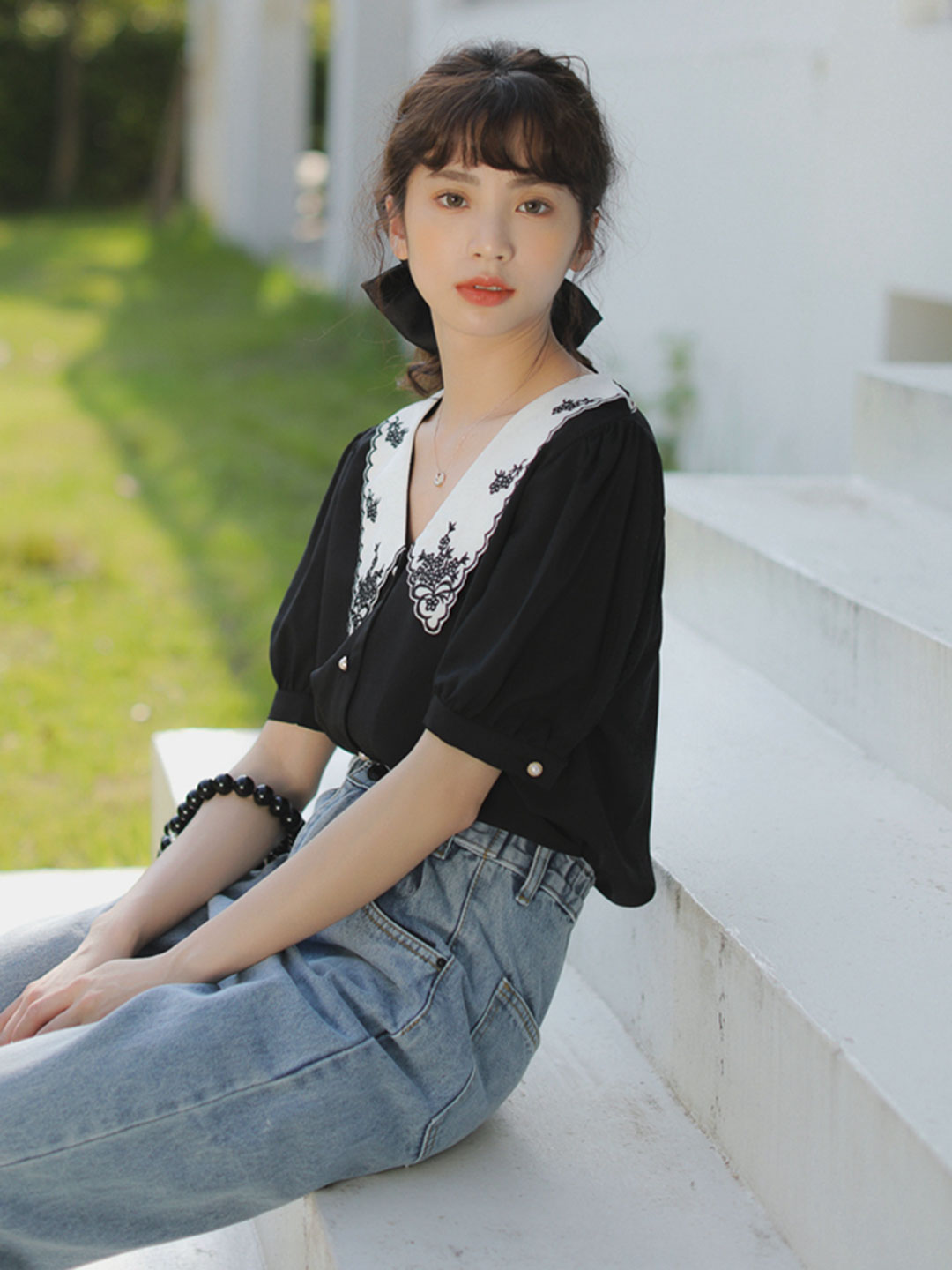 Alexis Retro Embroidered Collar Shirt Top-Black