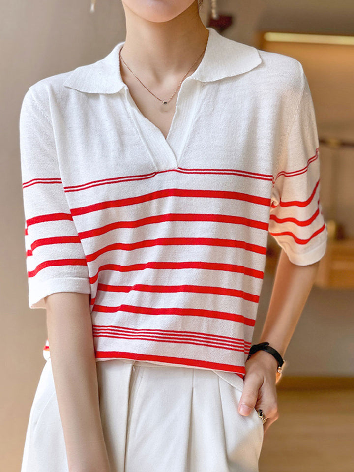 Olivia Retro Lapel Horizontal Stripe Knitted Sweater-Red