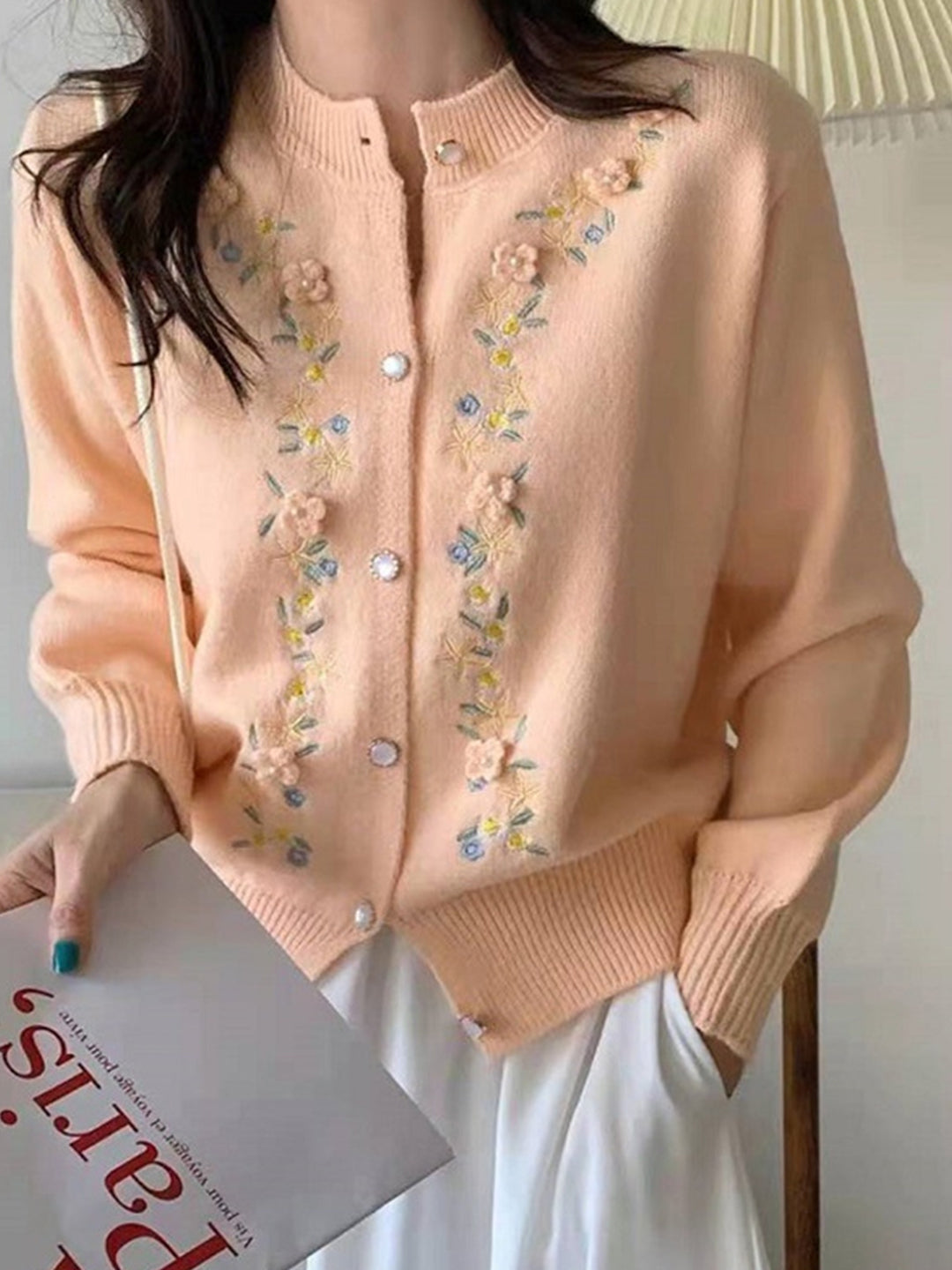 Chloe Casual  Embroidered Crew Neck Cardigan