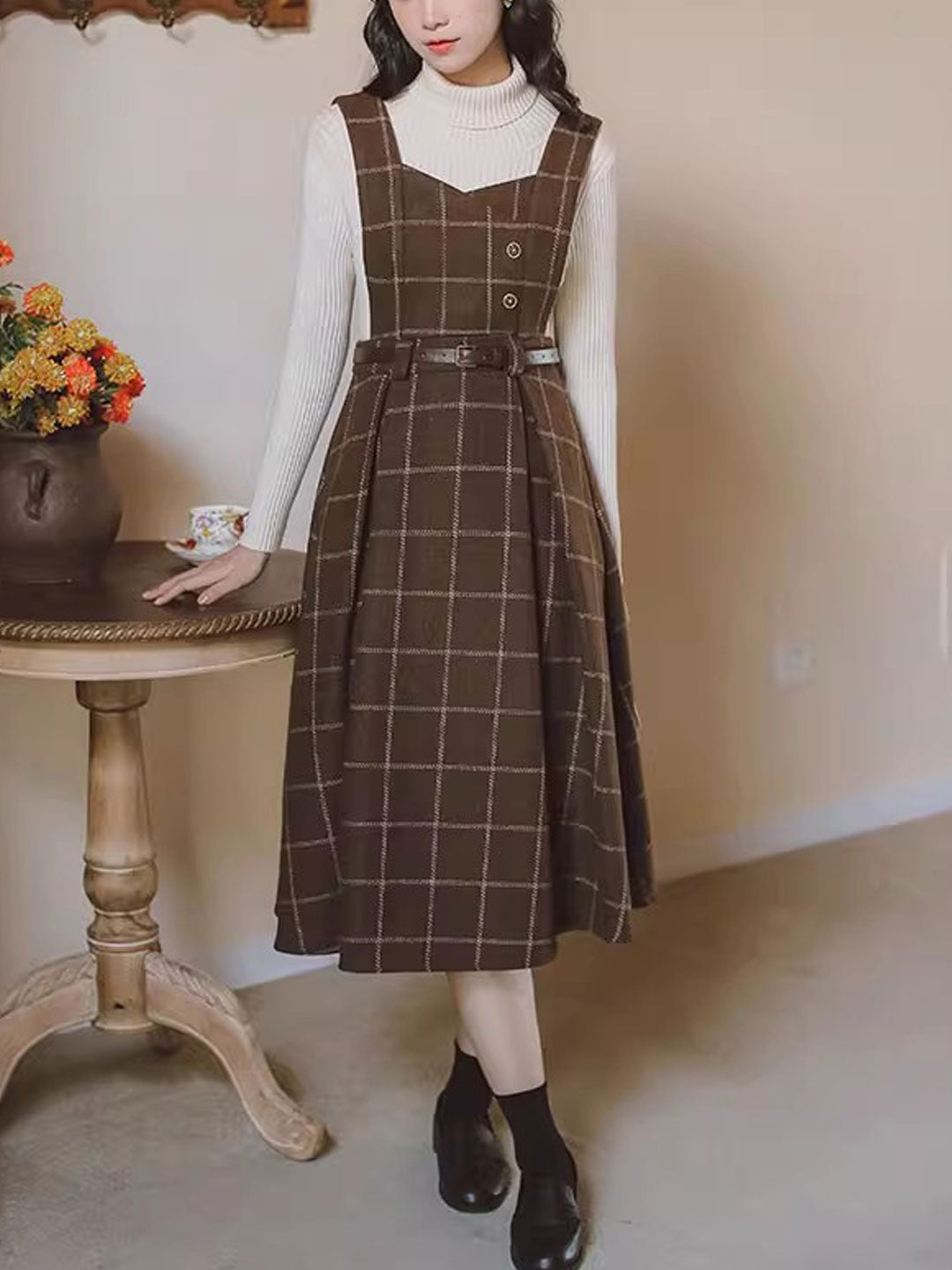 Bella Retro V-Neck Plaid Vest Dress