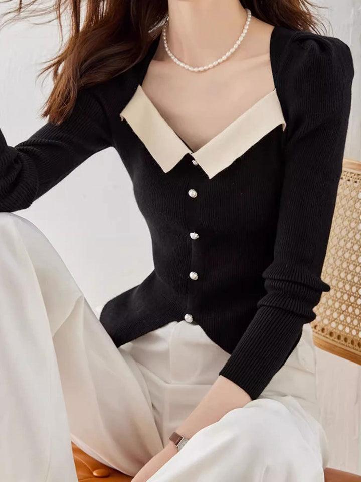 Jessica Retro Color Block Knitted Sweater-Black