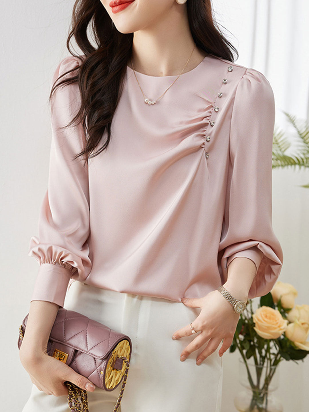 Mia Elegant Beaded Pleated Shirt