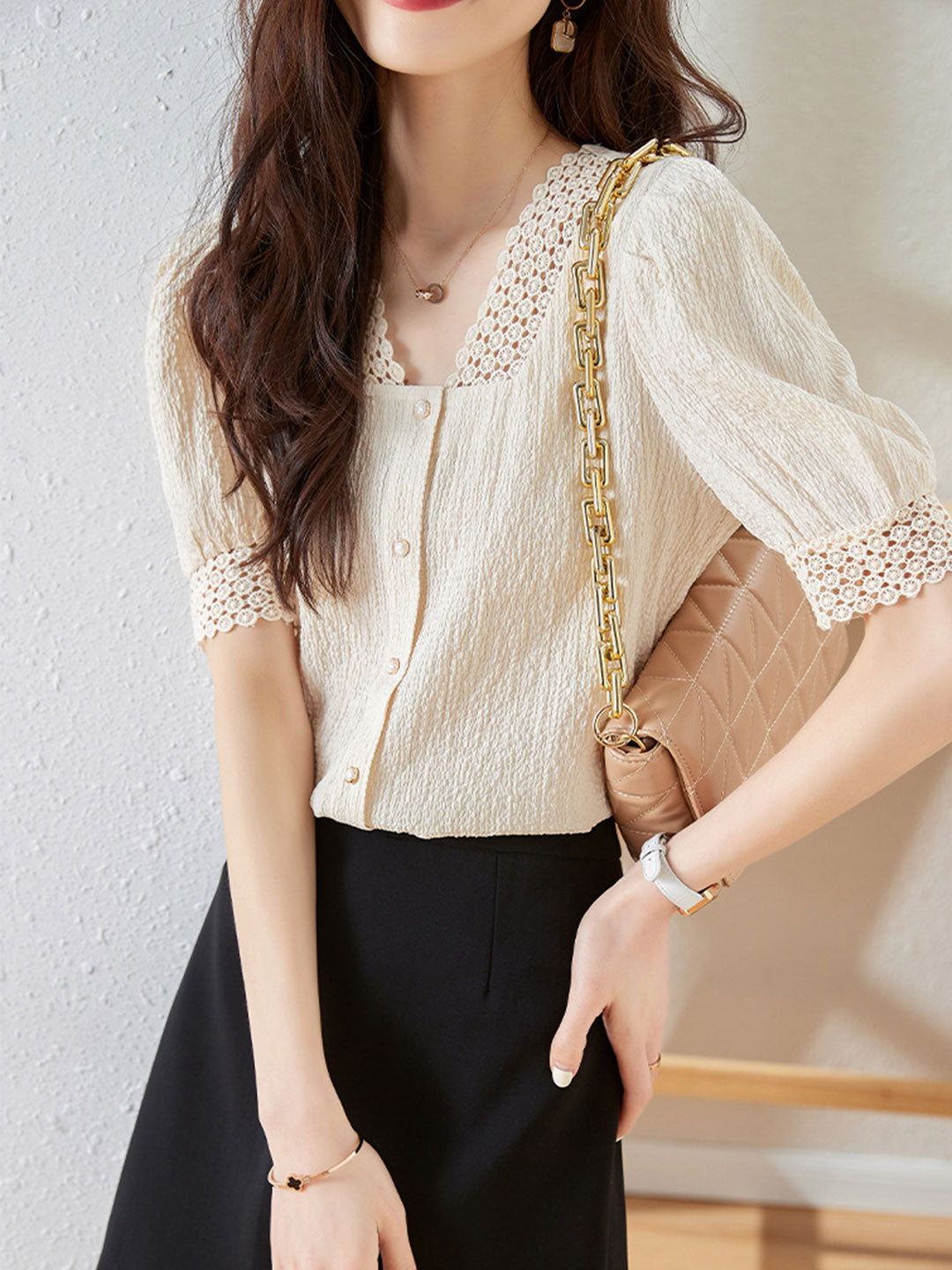 Sydney Elegant Hollowed Button Top-Apricot