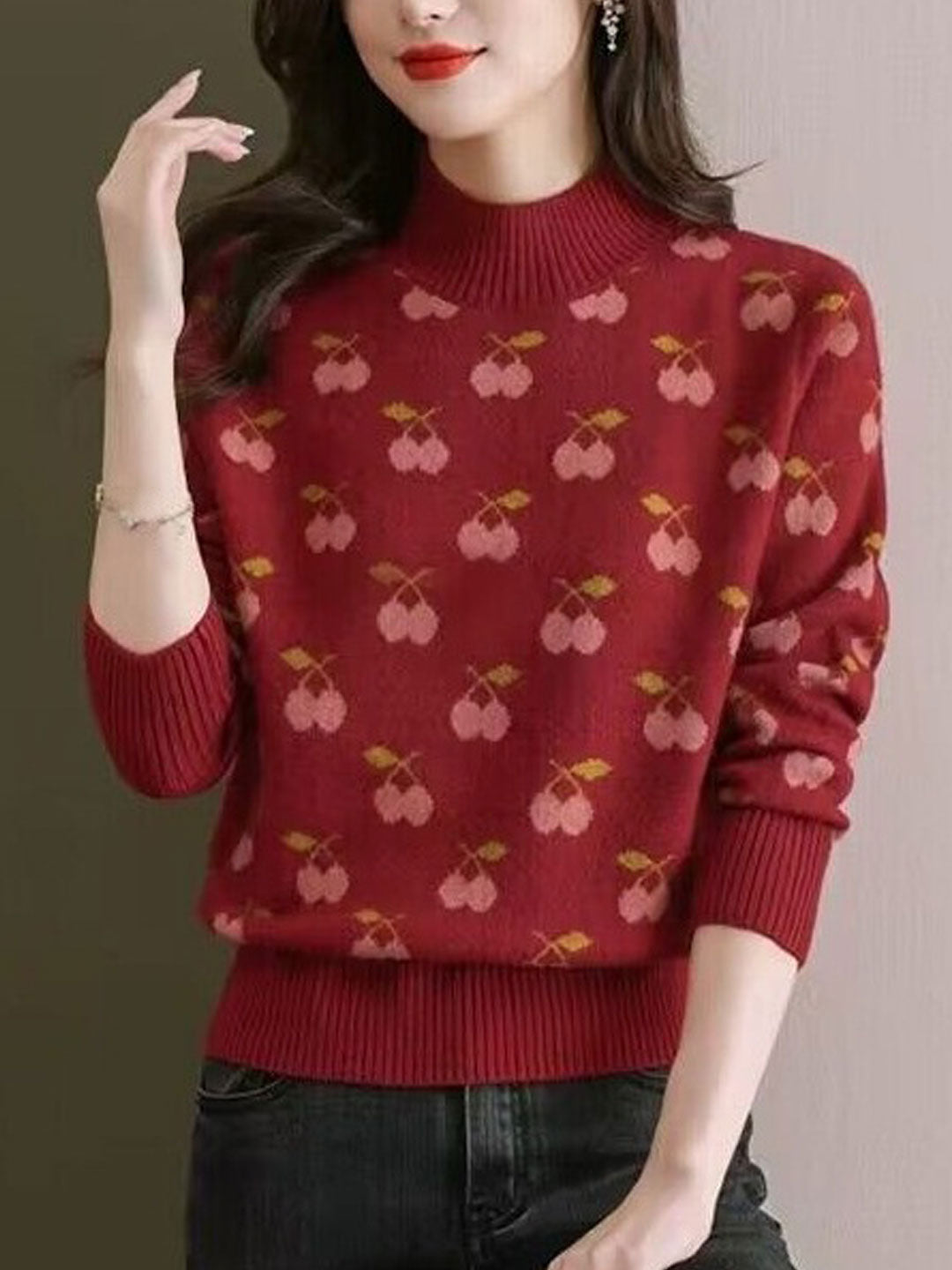 Abigail Retro Turtleneck Jacquard Knitted Pullover Sweater