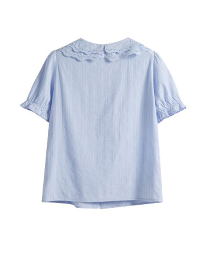 Chloe Retro Hollow Puff Sleeve Textured Top-Blue