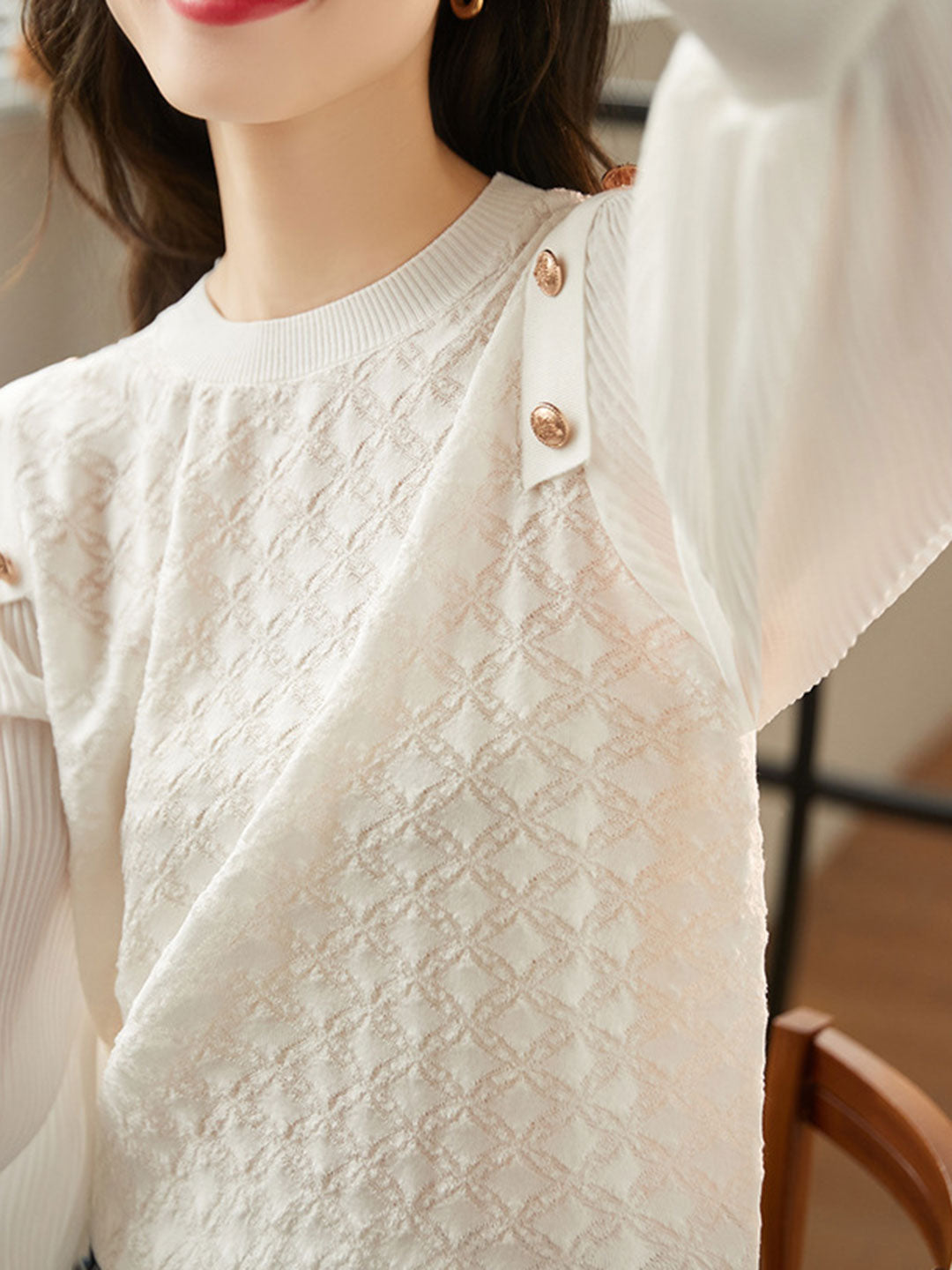 Alyssa Elegant Balloon Sleeve Knitted Blouse-White