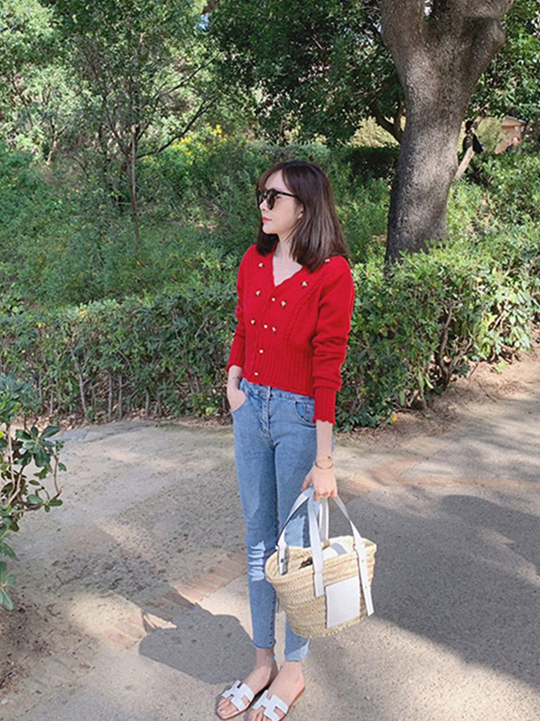 Preslay Floral Embroidered Knitted Cardigan-Red