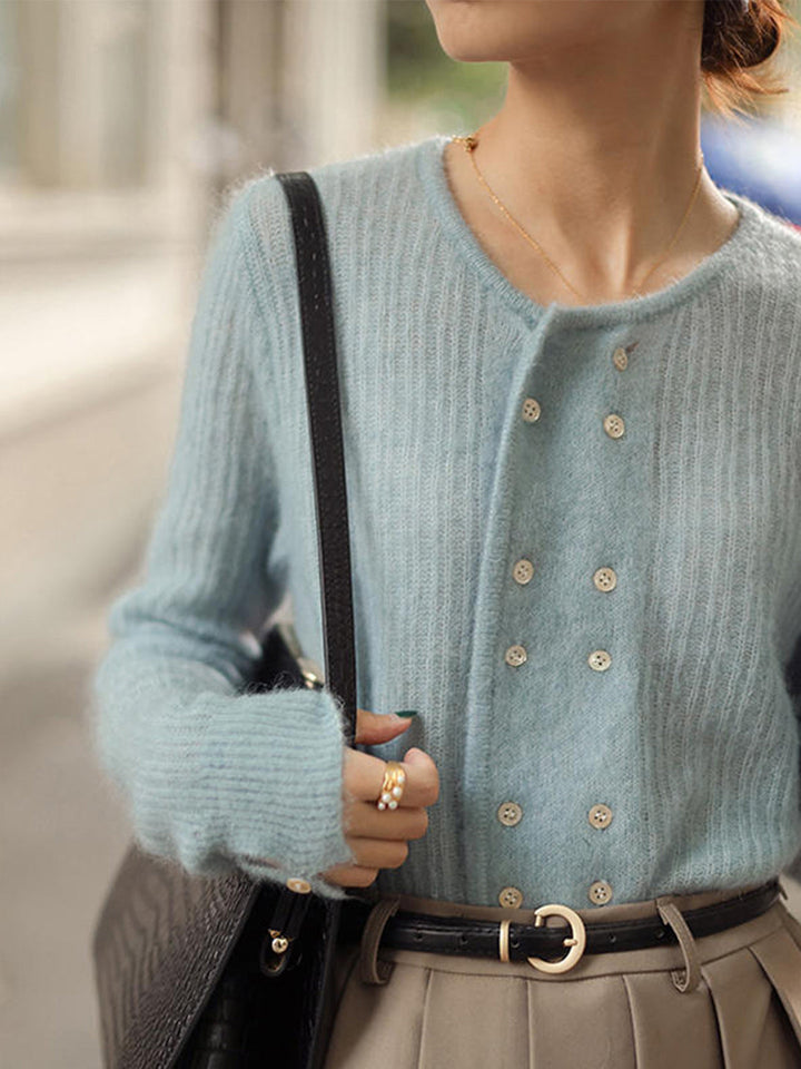 Alena French Style Double-breasted Knitted Cardigan-Blue