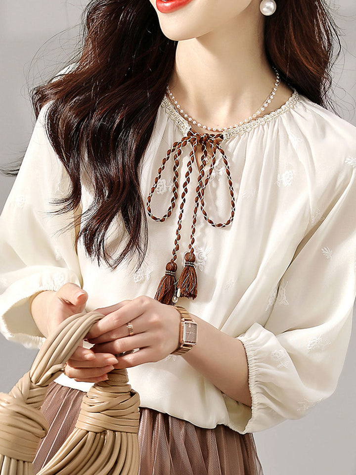 Destiny Elegant Embroidered Tie Printed Blouse