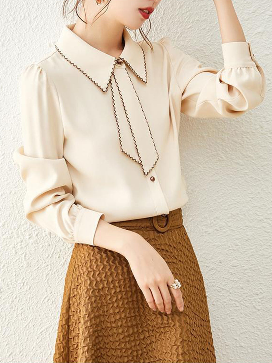 Audrey French Style Chiffon Crew Neck Blouse