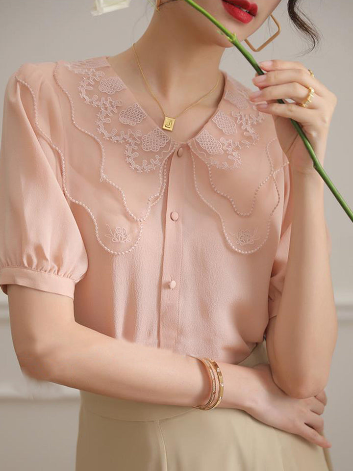 Olivia Retro Doll Collar Embroidered Silk Top-Pink