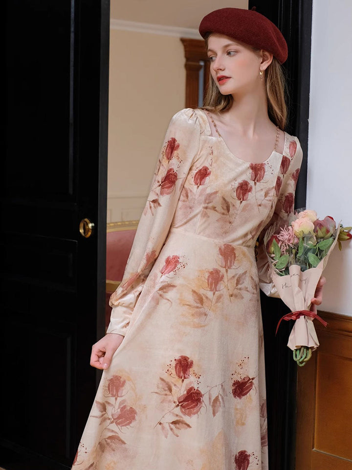 Kayla Vintage Rose Printed Velvet Dress