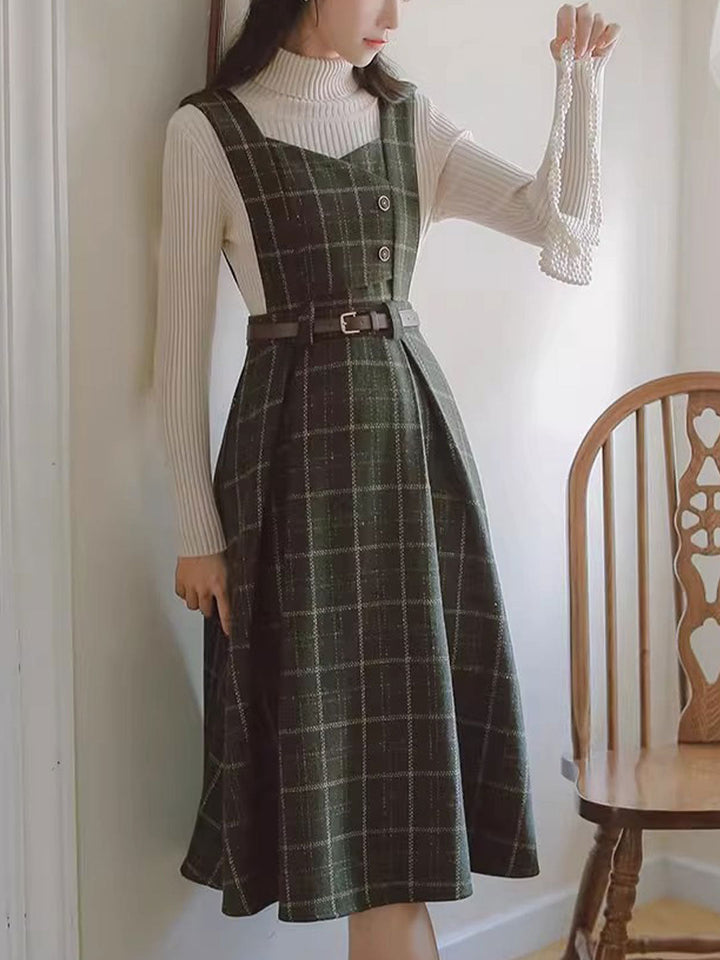 Bella Retro V-Neck Plaid Vest Dress