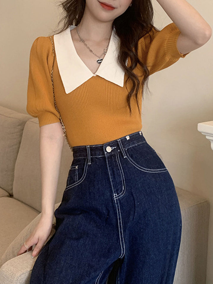 Alexis Retro Lapel Puff Sleeve Knitted Tops-Yellow