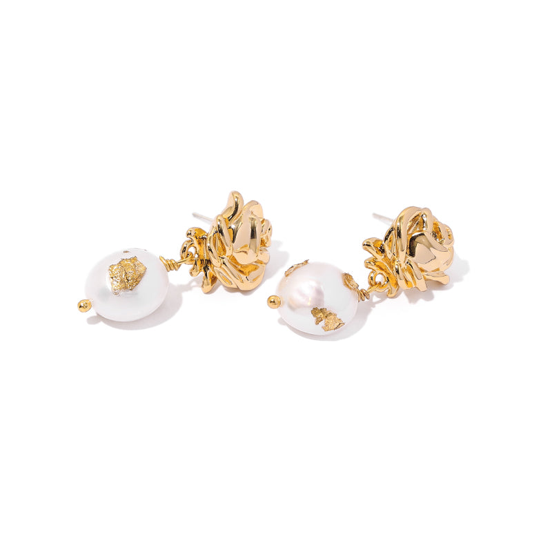 Luxury Gold Foil Natural Real Pearl Rose Earrings