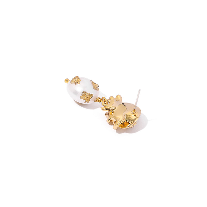 Luxury Gold Foil Natural Real Pearl Rose Earrings