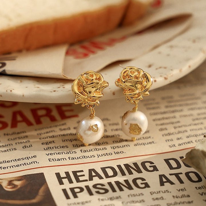 Luxury Gold Foil Natural Real Pearl Rose Earrings