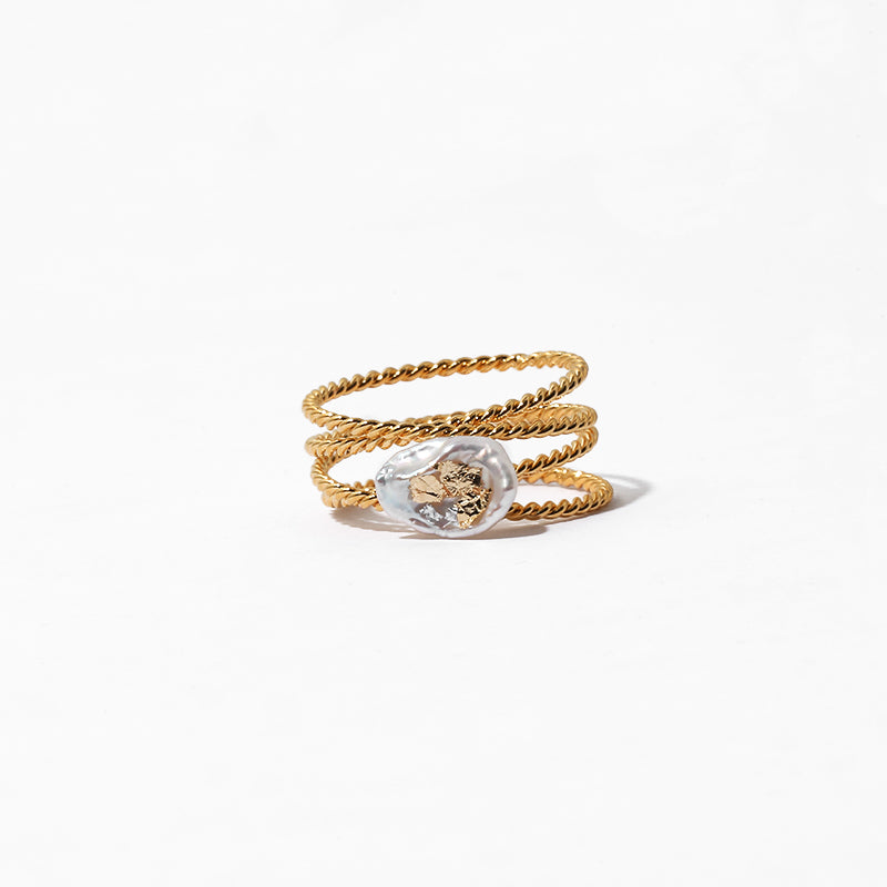 Baroque Gold Foil Natural Real Pearl Multilayer Ring