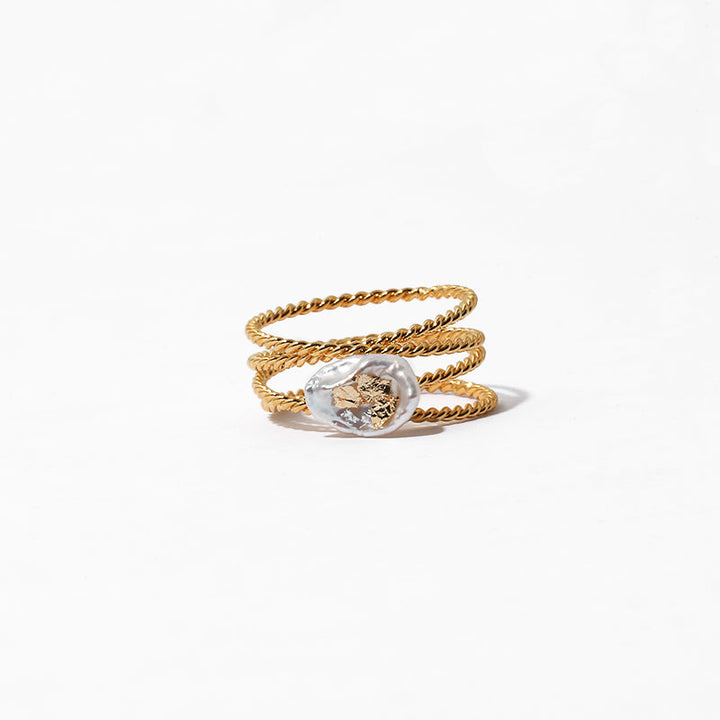 Baroque Gold Foil Natural Real Pearl Multilayer Ring