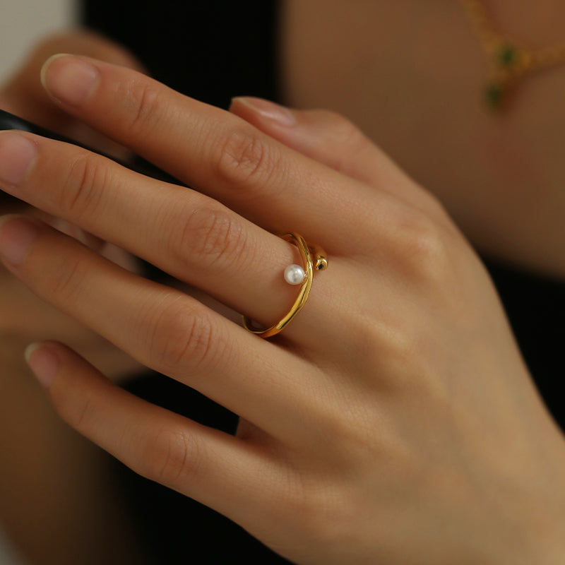 Simple Irregular Water Ripple Highlight Adjustable Pearl Ring