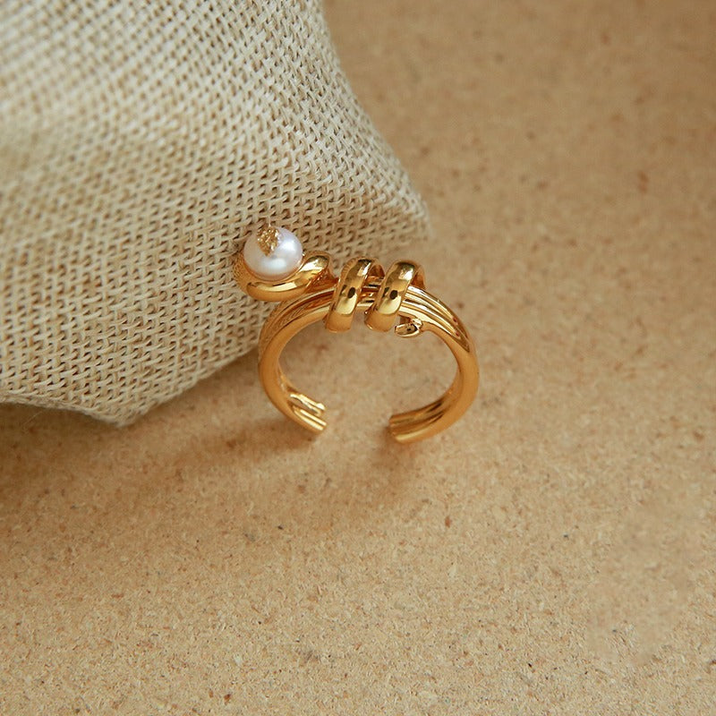 Curved Natural Pearl Gold Foil Open-end Ring