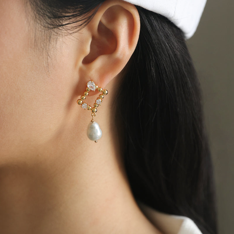 Baroque Cutout Zircon Inset Imitated Pearl Earrings