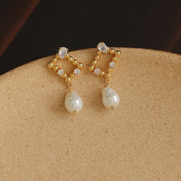 Baroque Cutout Zircon Inset Imitated Pearl Earrings