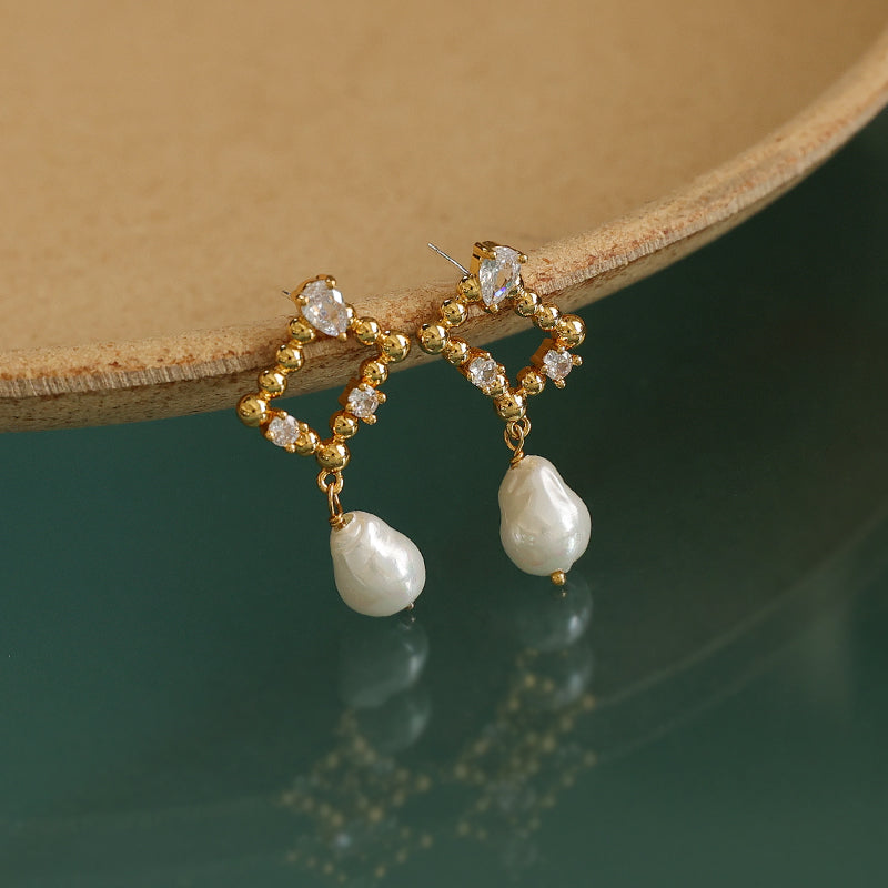 Baroque Cutout Zircon Inset Imitated Pearl Earrings