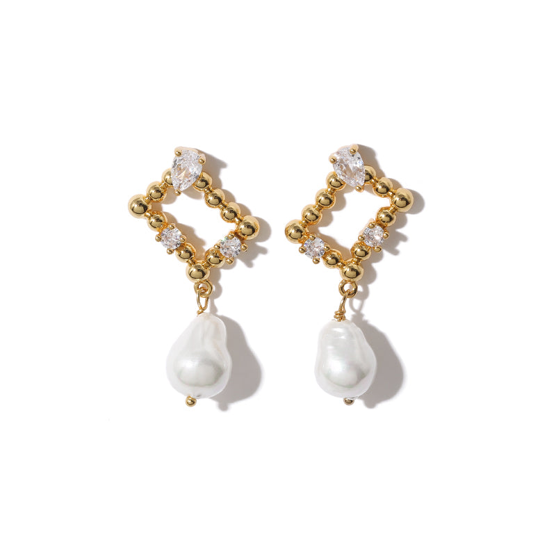 Baroque Cutout Zircon Inset Imitated Pearl Earrings