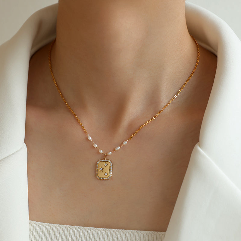 Square Zircon Star Natural Pearl Necklace