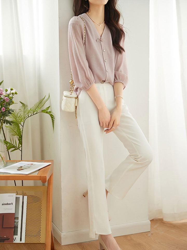 Camila Elegant Puff Sleeve Chiffon Blouse-Pink