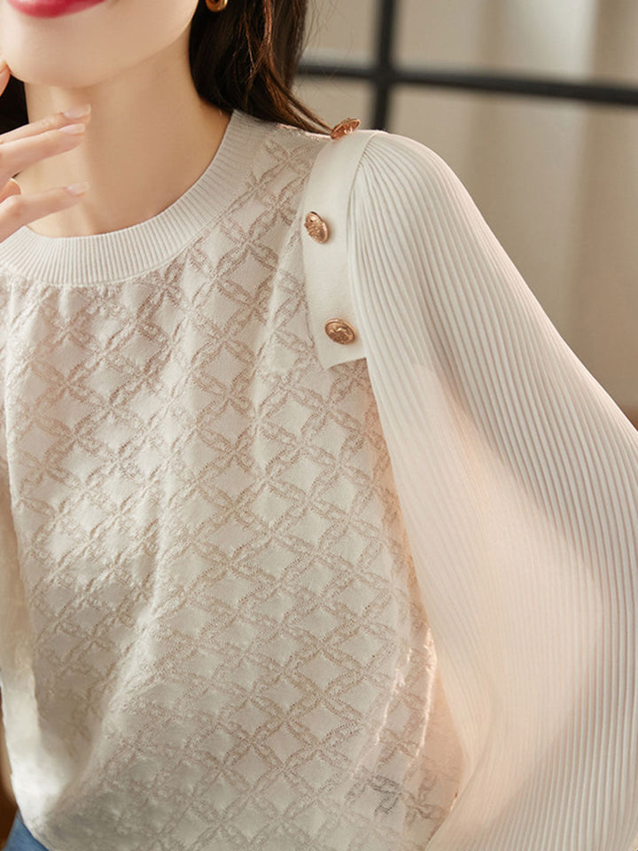 Alyssa Elegant Balloon Sleeve Knitted Blouse-White