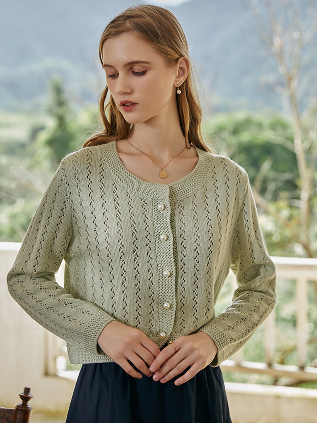 Althea Hollow Classic Knit Cardigan-Green