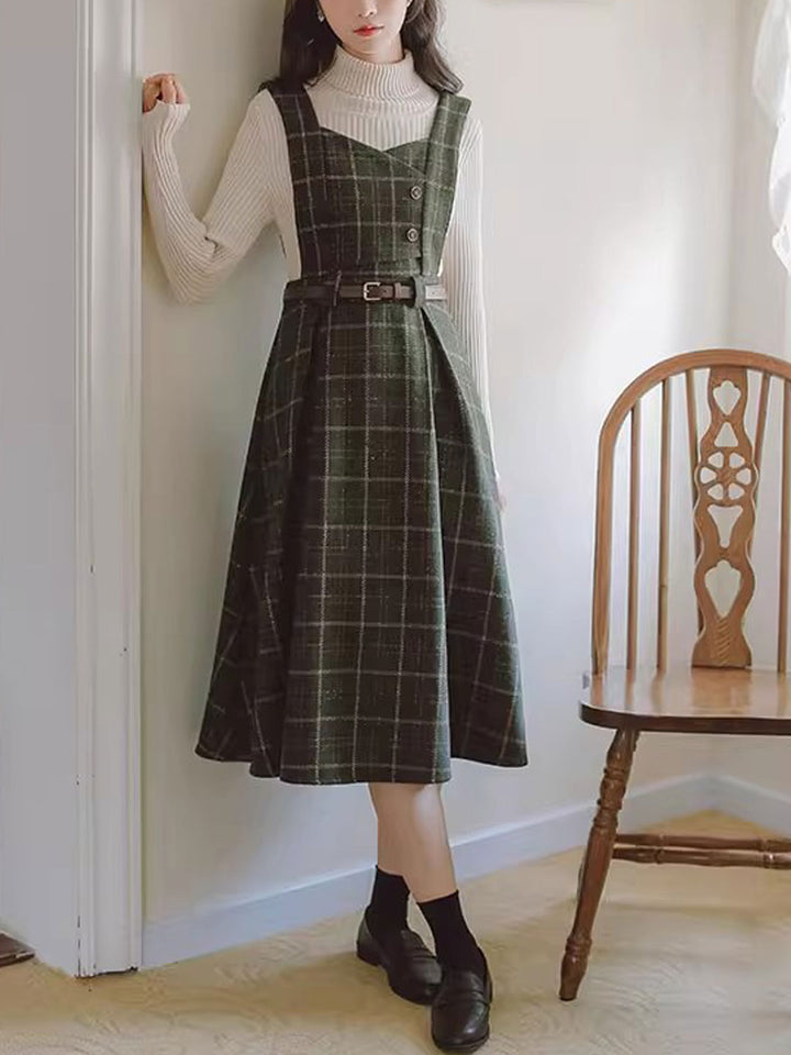 Bella Retro V-Neck Plaid Vest Dress