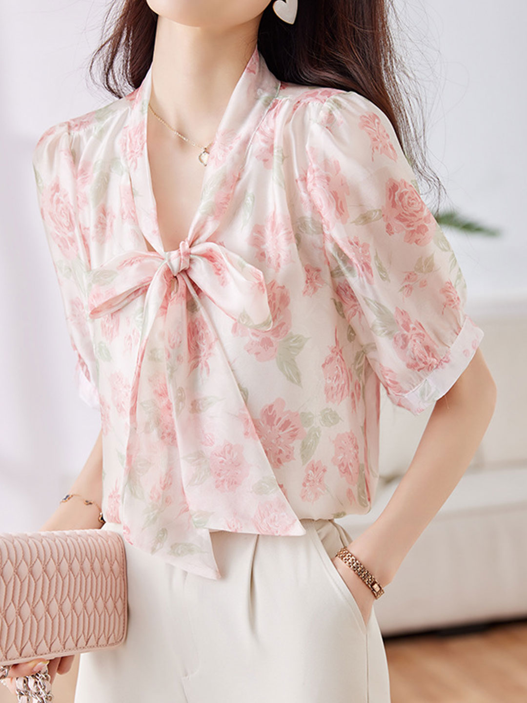 Grace Classic Bowknot Streamer Chiffon Top-Pink