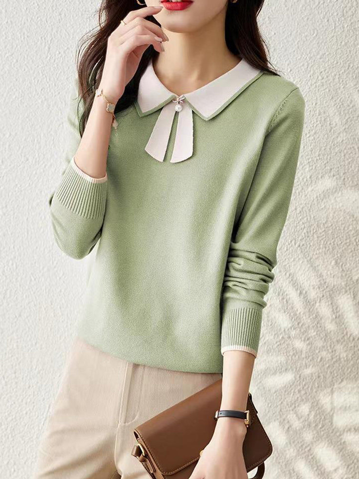 Dana French Style Contrast Color Lapel Knitted Sweater