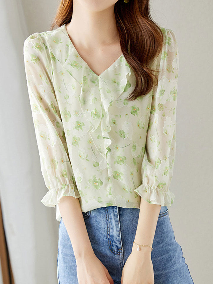 Trinity Vacation Chiffon Printed Ruffle Top