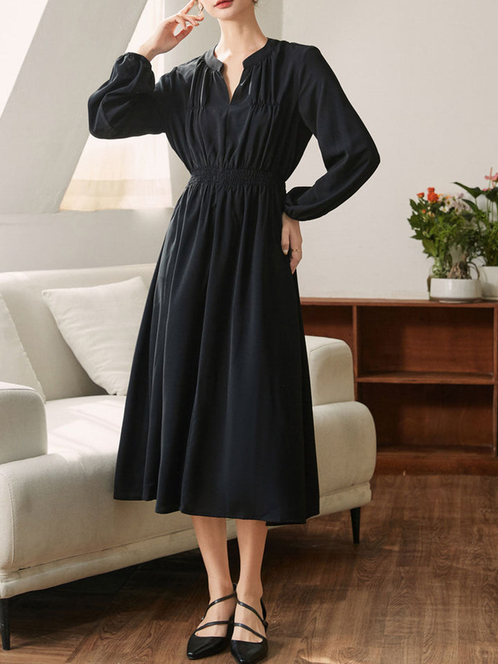 Serenity Elegant Lantern Sleeve Pleated High Waist Dress-Black