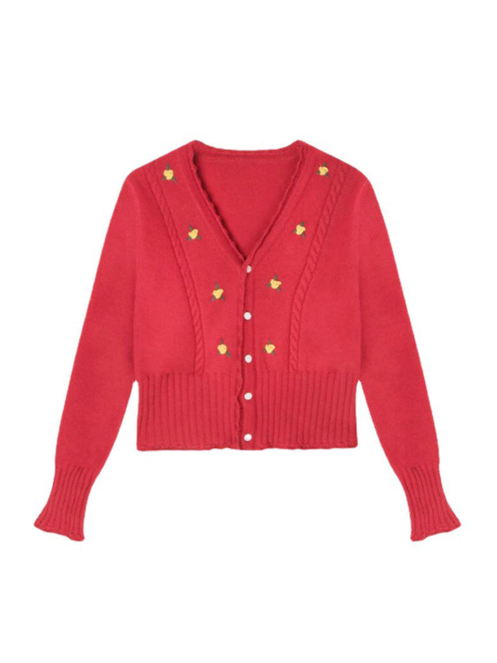 Preslay Floral Embroidered Knitted Cardigan-Red