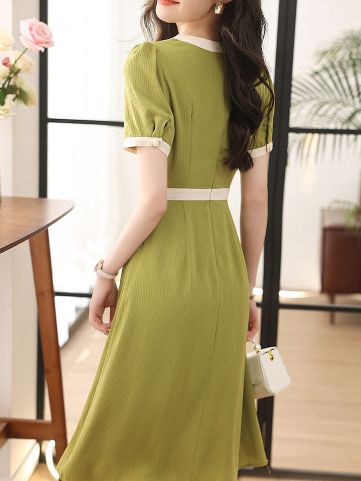 Madelyn Elegant Square Neck Color Block Dress-Green