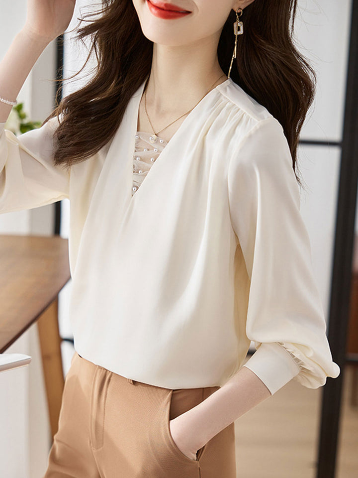 Brianna Classic V-neck Satin Shirt-Apricot