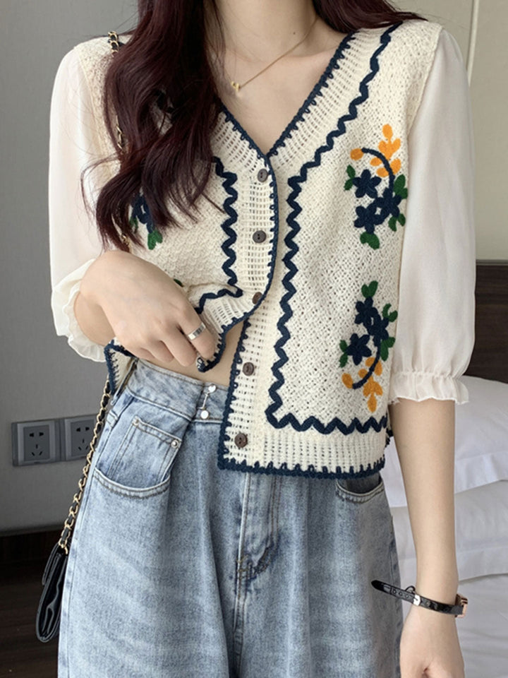 Ava Casual Puff Sleeve Embroidered Hollow Top-Coffee