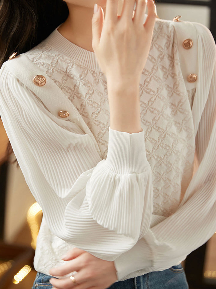 Alyssa Elegant Balloon Sleeve Knitted Blouse-White