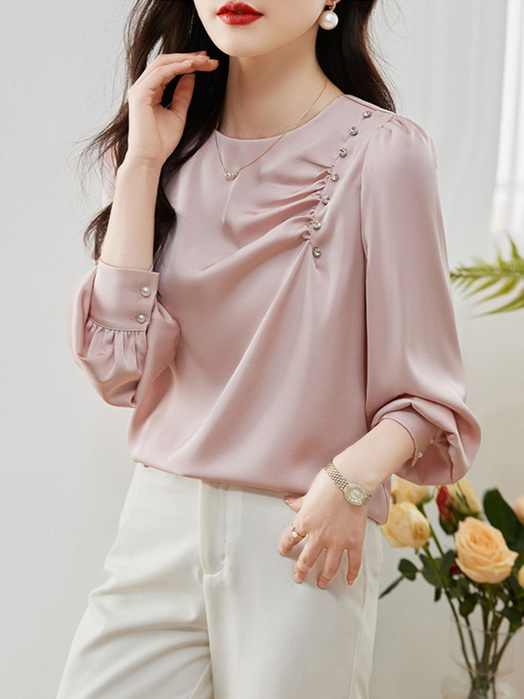 Mia Elegant Beaded Pleated Shirt