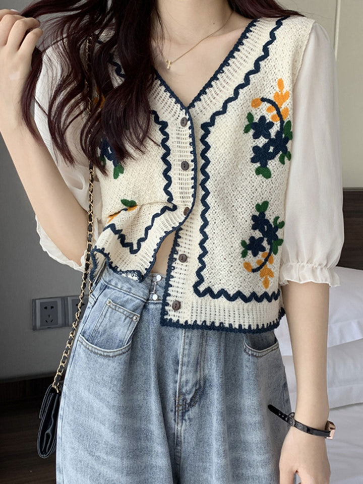 Ava Casual Puff Sleeve Embroidered Hollow Top-Blue